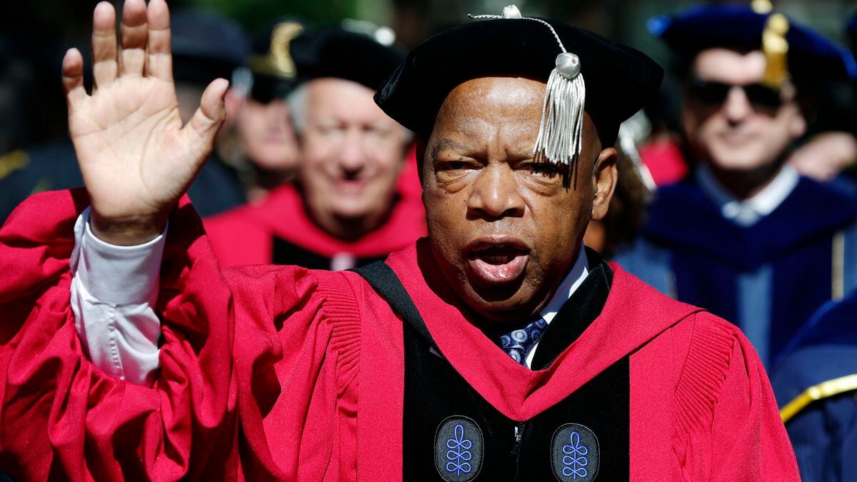 <p> FILE - In this May 24, 2018 file photo, U.S. Rep. John Lewis walks in a procession during Harvard University commencement exercises in Cambridge, Mass. The Civil rights icon has been hospitalized for undisclosed reasons. Citing a statement from Lewis' office, WSB-TV reports that the 78-year-old Georgia congressman was "resting comfortably" in a hospital Saturday night, July 28 for "routine observation." The statement says Lewis expects to be released Sunday. (AP Photo/Michael Dwyer, File) </p>